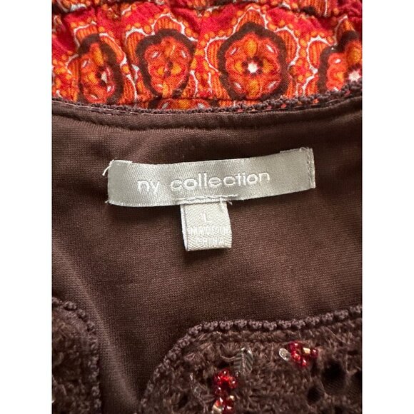 Boho Crochet Top NY Collection Babydoll Brown Retro Orange Yellow Pattern Large - Picture 6 of 6